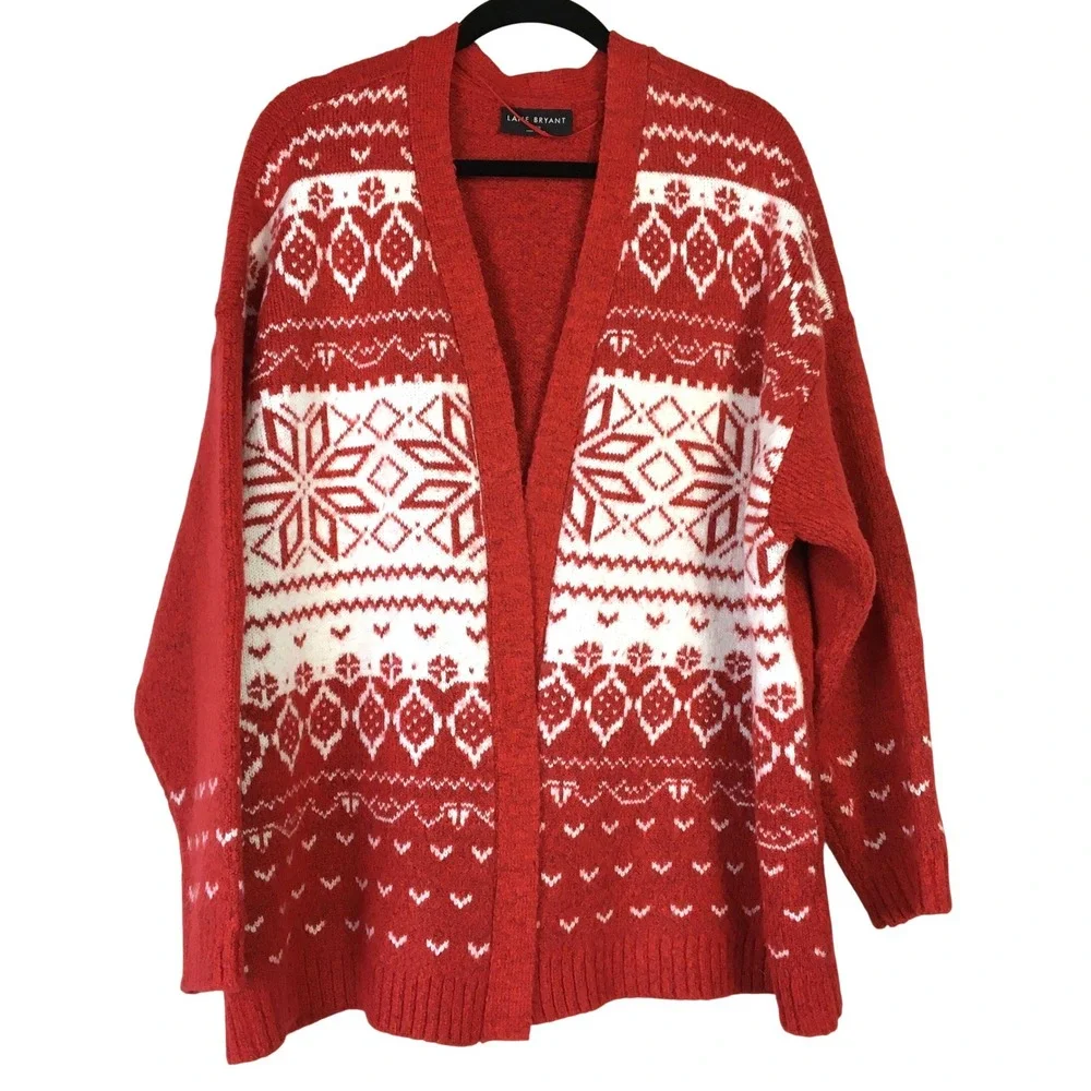 Lane Bryant‎ Fair Isle Snowflake Open Front Cardigan 26/28 Red White